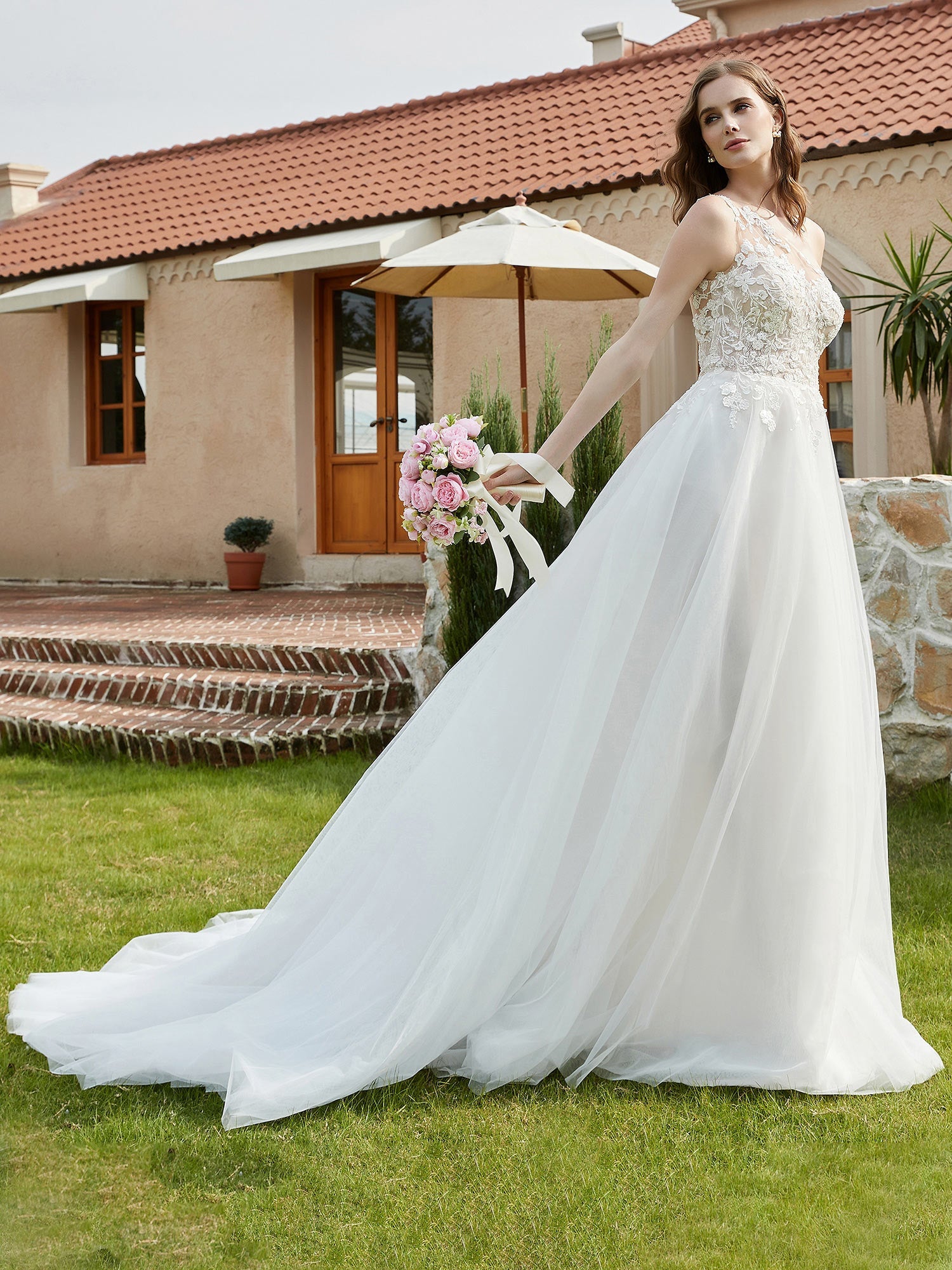 One Shoulder Lace Bodice Chapel Train Bridal Dress Ivory Bridal Gowns Wedding Dresses