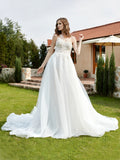 One Shoulder Lace Bodice Chapel Train Bridal Dress Ivory Bridal Gowns Wedding Dresses