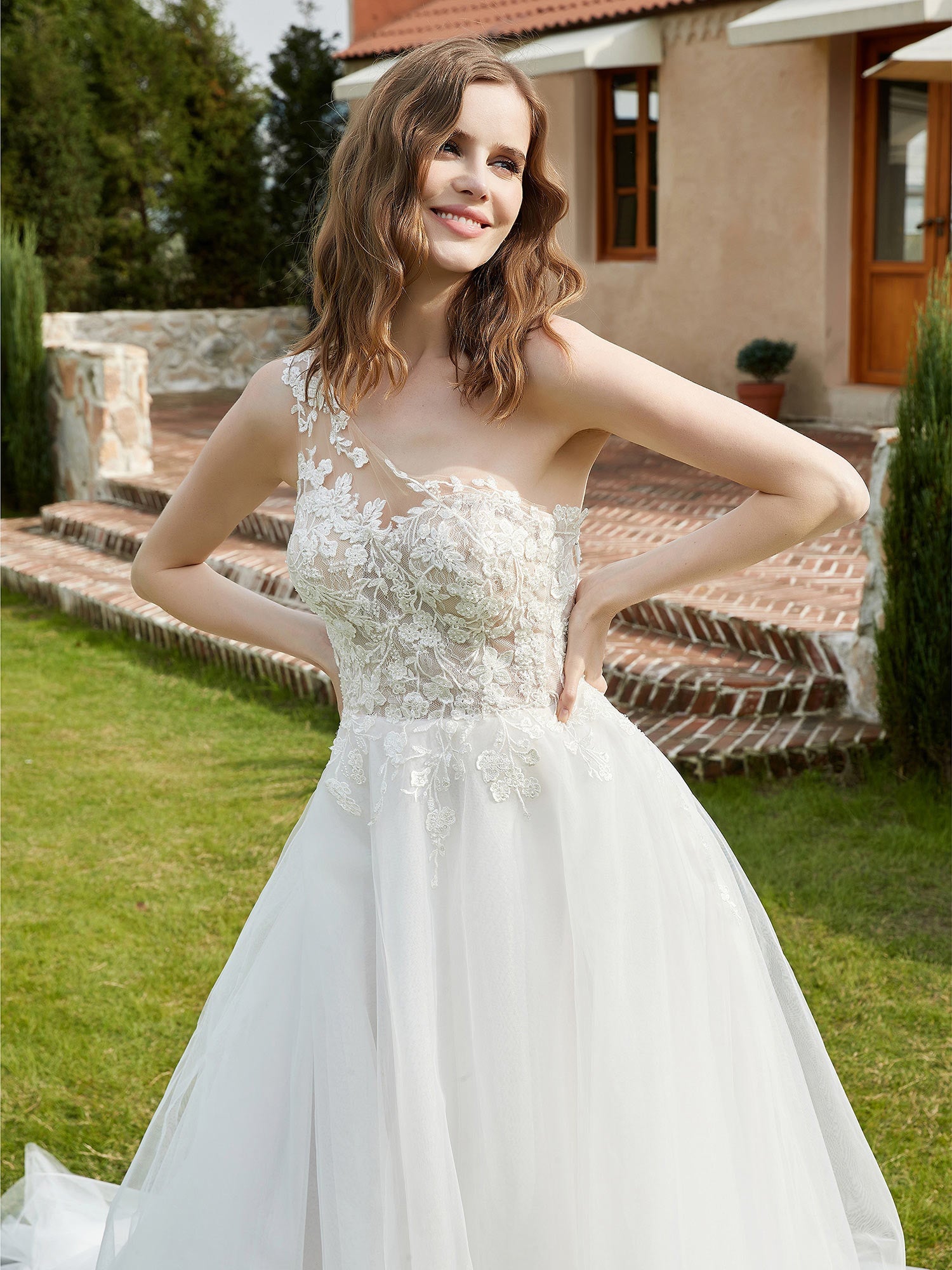 One Shoulder Lace Bodice Chapel Train Bridal Dress Ivory Bridal Gowns Wedding Dresses