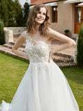 One Shoulder Lace Bodice Chapel Train Bridal Dress Ivory Bridal Gowns Wedding Dresses