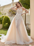 Sweetheart Appliques Beads Decor Chapel Train Bridal Dress Champagne Bridal Gowns Wedding Dresses