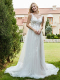 V-neck Applique Chapel Train Wedding Dress Ivory/Champagne Bridal Gowns Dresses