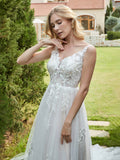 V-neck Applique Chapel Train Wedding Dress Ivory/Champagne Bridal Gowns Dresses