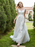 V-neck Applique Chapel Train Wedding Dress Ivory/Champagne Bridal Gowns Dresses