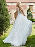 V-neck Applique Chapel Train Wedding Dress Ivory/Champagne Bridal Gowns Dresses