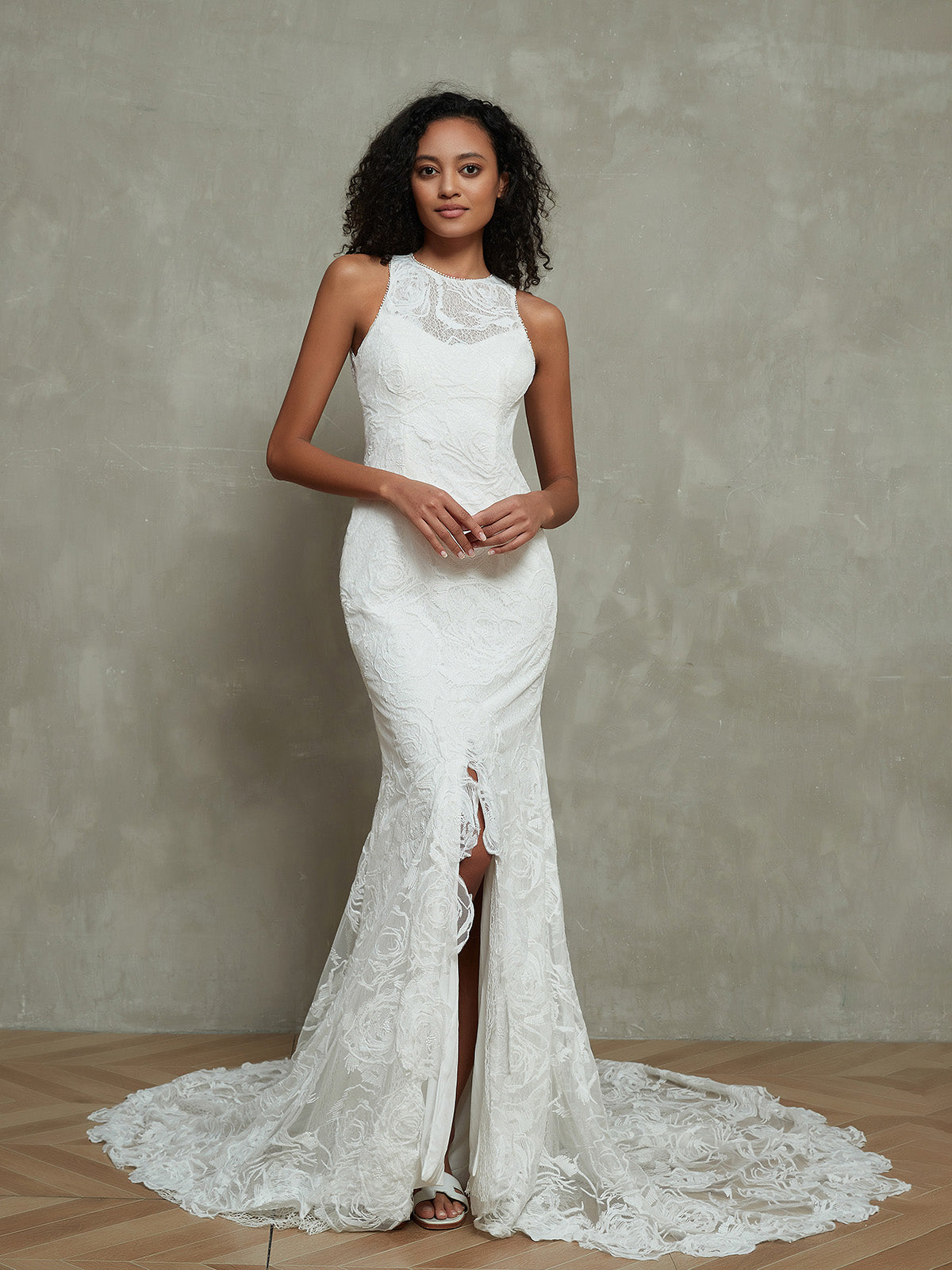 Illusion Neck Mermaid Lace Brautkleider mit Schlitz-Elfenbein Brautkleider Kleider