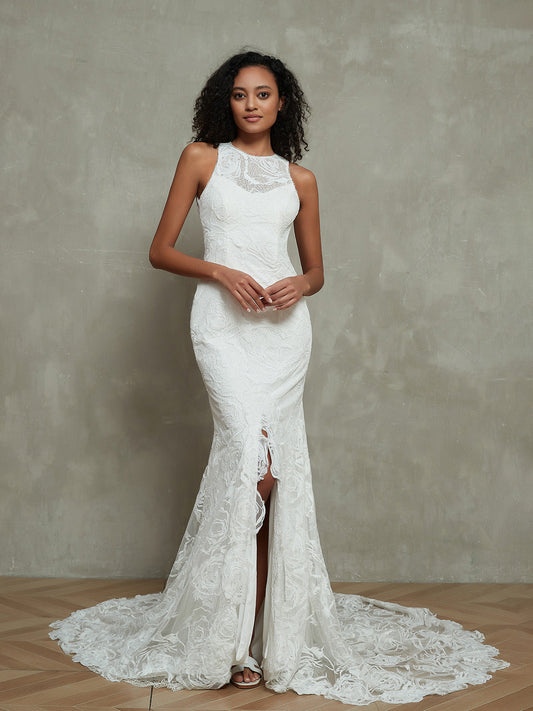 Illusion Neck Mermaid Lace Brautkleider mit Schlitz-Elfenbein Brautkleider Kleider