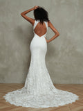 Illusion Neck Mermaid Lace Brautkleider mit Schlitz-Elfenbein Brautkleider Kleider
