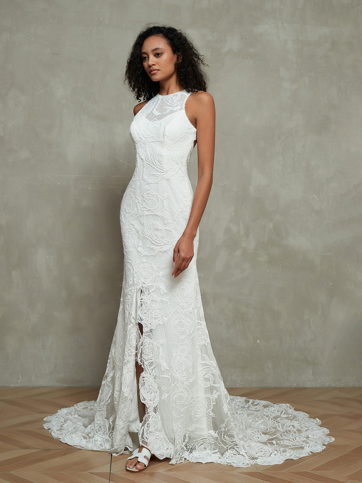 Illusion Neck Mermaid Lace Brautkleider mit Schlitz-Elfenbein Brautkleider Kleider