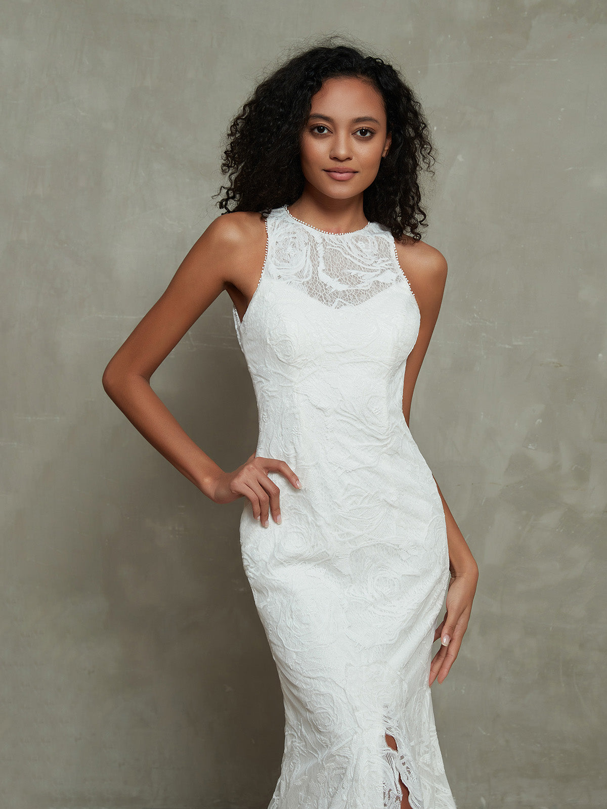 Illusion Neck Mermaid Lace Brautkleider mit Schlitz-Elfenbein Brautkleider Kleider