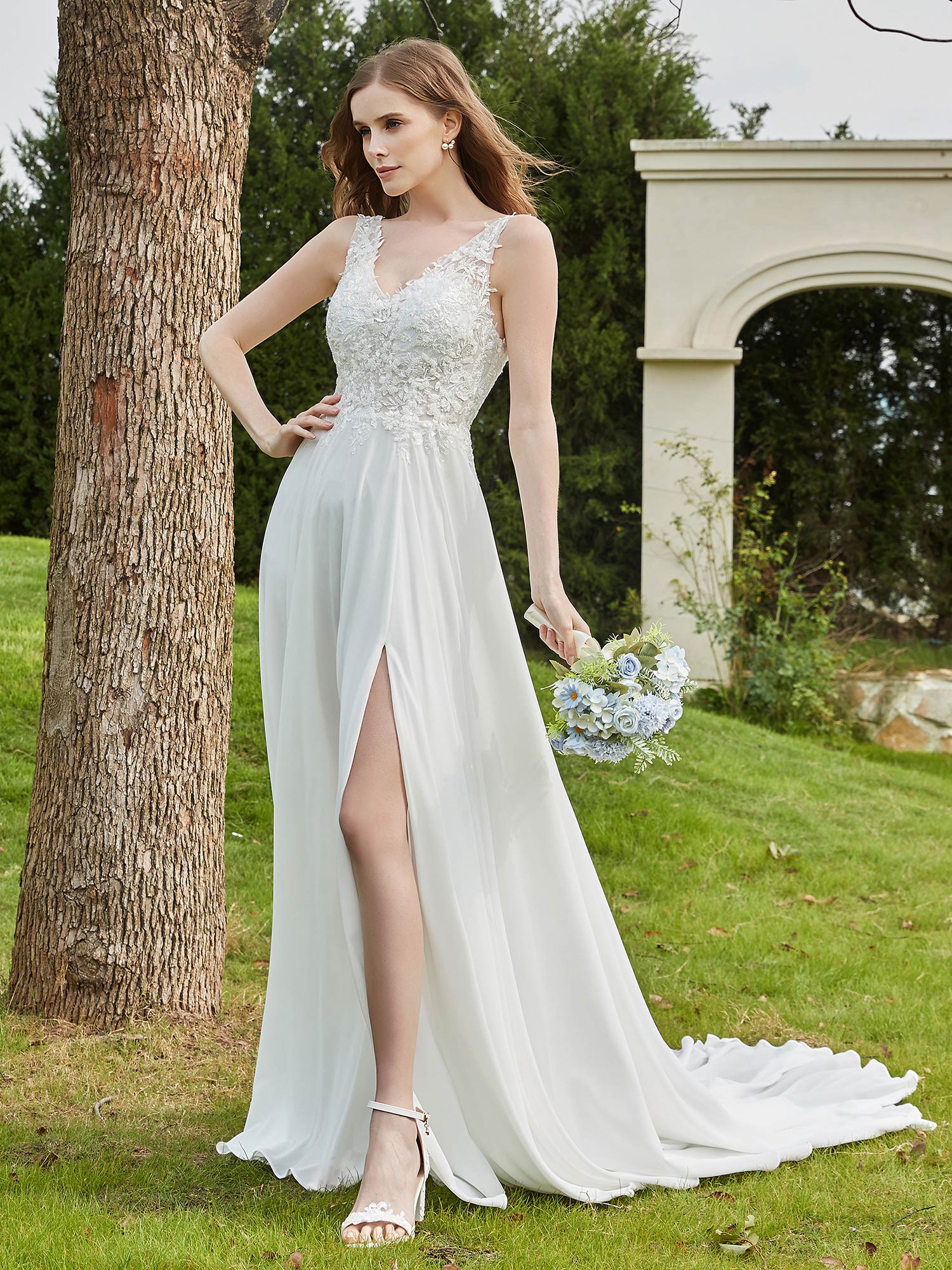 Spitze V-Ausschnitt Chiffon Brautkleid mit Schlitz Elfenbein Brautkleider Kleider