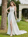 Spitze V-Ausschnitt Chiffon Brautkleid mit Schlitz Elfenbein Brautkleider Kleider
