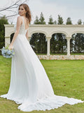 Spitze V-Ausschnitt Chiffon Brautkleid mit Schlitz Elfenbein Brautkleider Kleider