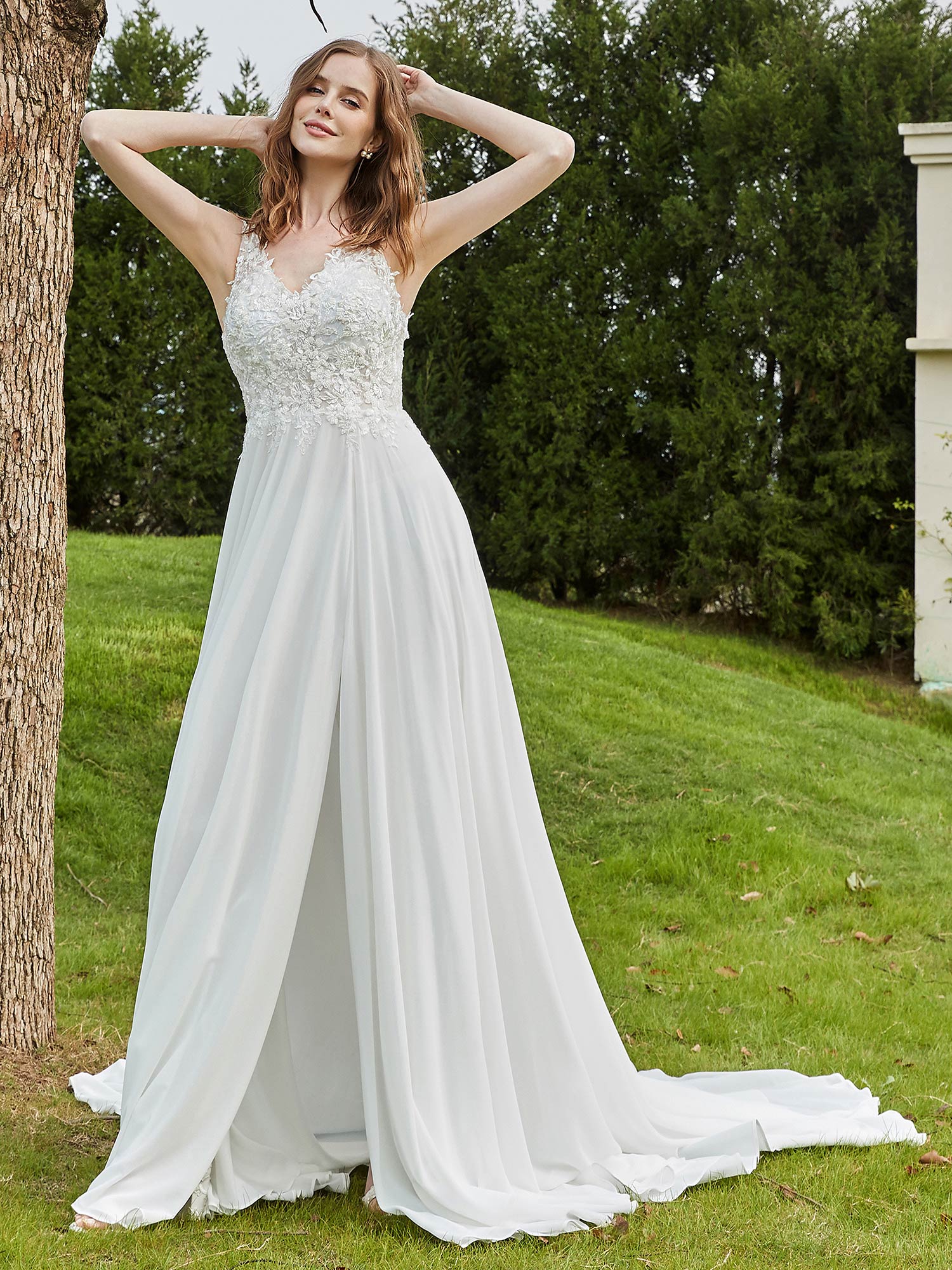 Spitze V-Ausschnitt Chiffon Brautkleid mit Schlitz Elfenbein Brautkleider Kleider