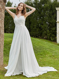 Spitze V-Ausschnitt Chiffon Brautkleid mit Schlitz Elfenbein Brautkleider Kleider