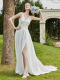 Spitze V-Ausschnitt Chiffon Brautkleid mit Schlitz Elfenbein Brautkleider Kleider