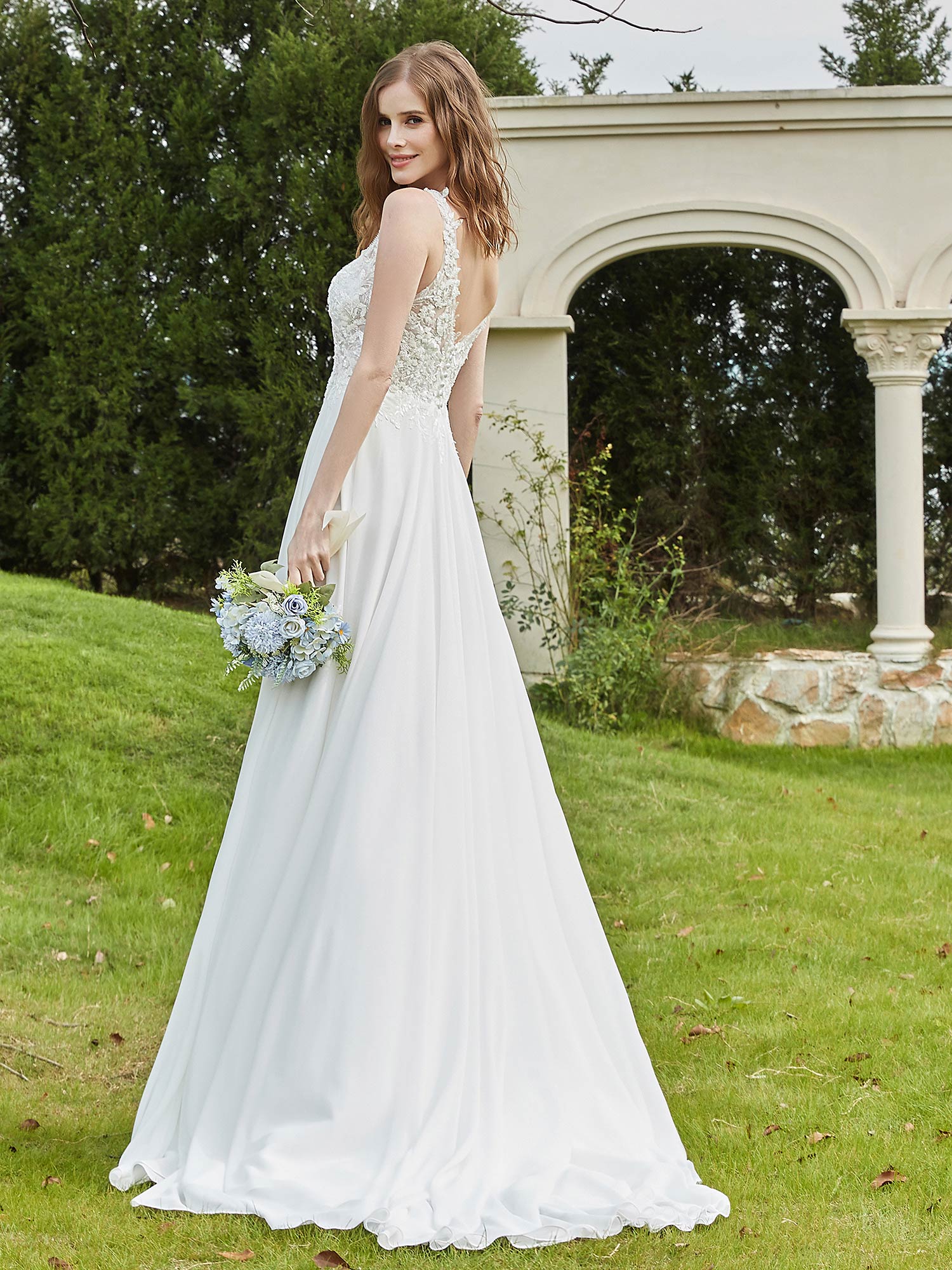 Spitze V-Ausschnitt Chiffon Brautkleid mit Schlitz Elfenbein Brautkleider Kleider