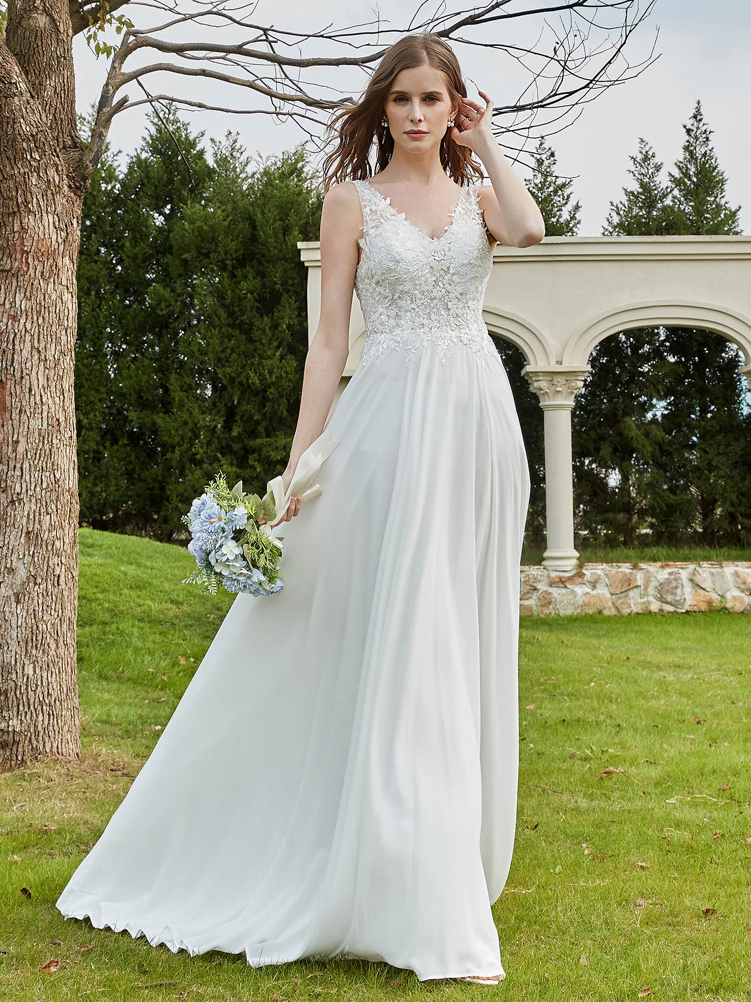 Spitze V-Ausschnitt Chiffon Brautkleid mit Schlitz Elfenbein Brautkleider Kleider