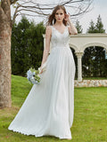 Spitze V-Ausschnitt Chiffon Brautkleid mit Schlitz Elfenbein Brautkleider Kleider