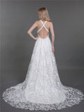 Brautkleid aus Spitze mit Schlitz und tiefem Rückenausschnitt – Elfenbeinfarben