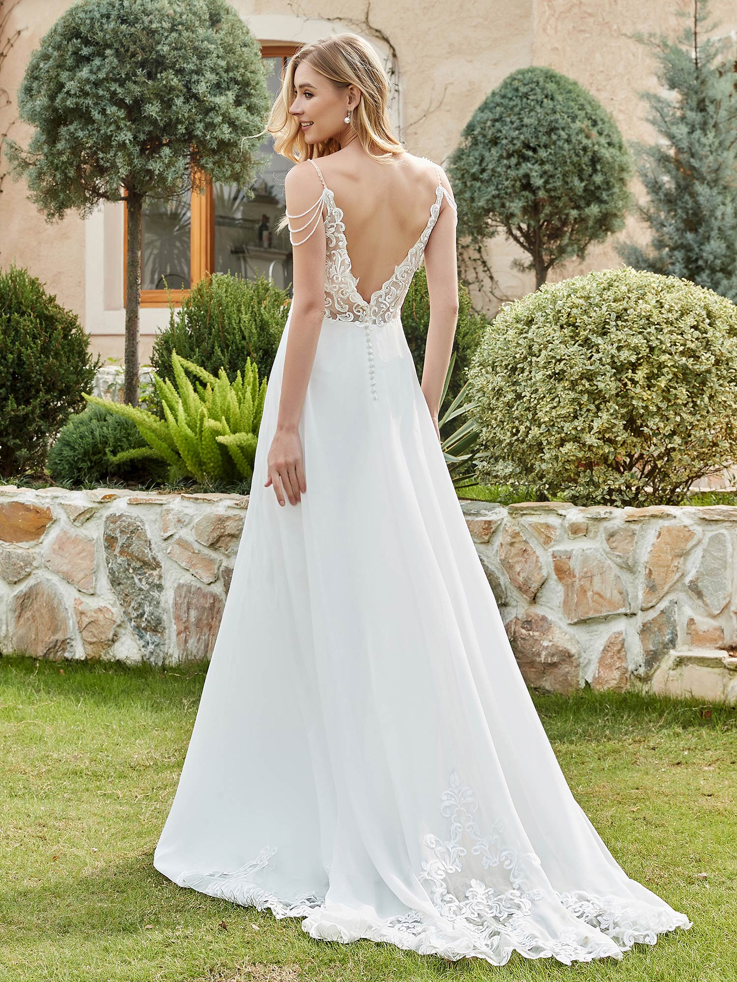Chiffon und Spitze A-Linie Brautkleid mit Knöpfen Elfenbein Brautkleider Kleider