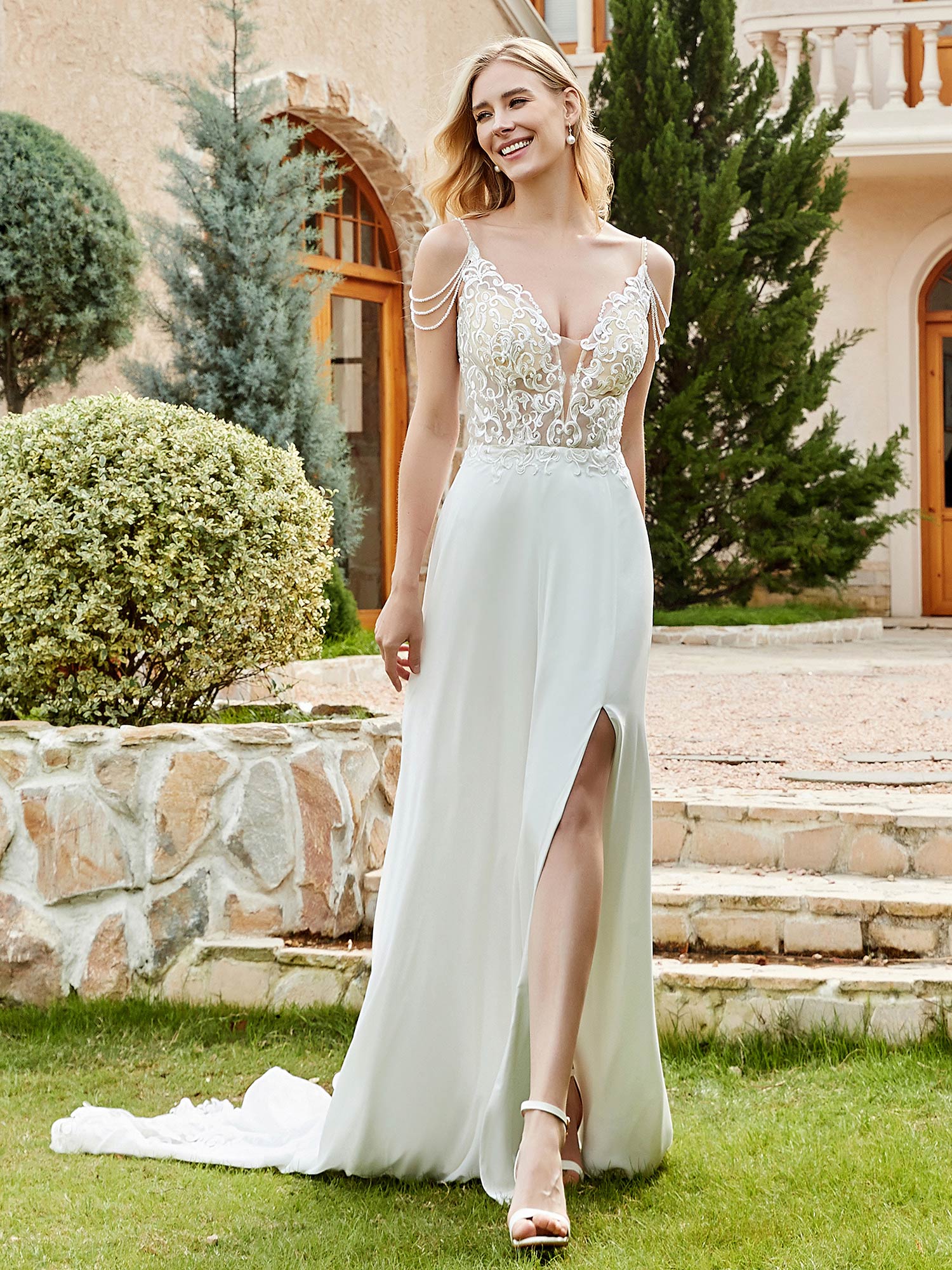Chiffon und Spitze A-Linie Brautkleid mit Knöpfen Elfenbein Brautkleider Kleider