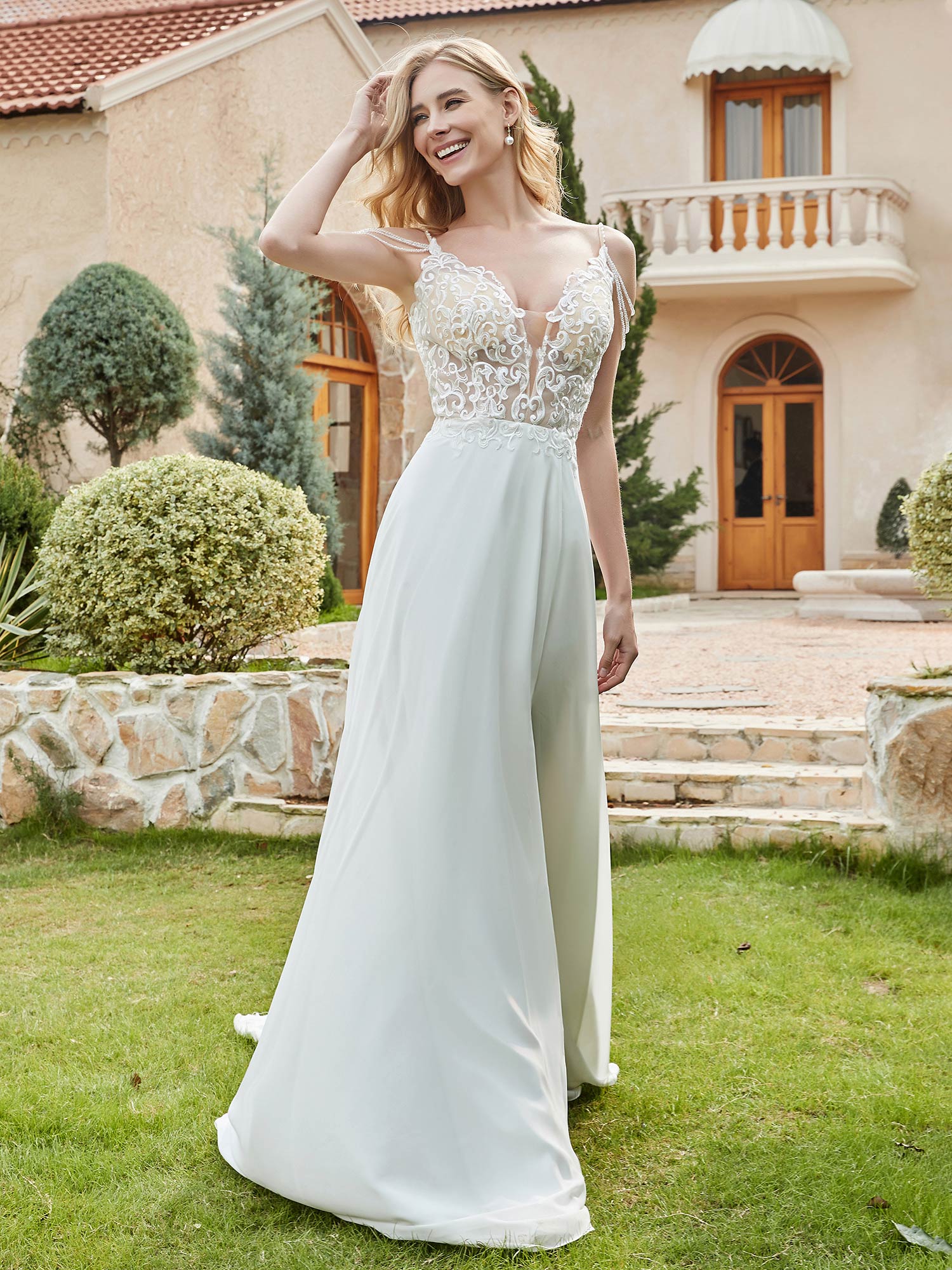 Chiffon und Spitze A-Linie Brautkleid mit Knöpfen Elfenbein Brautkleider Kleider
