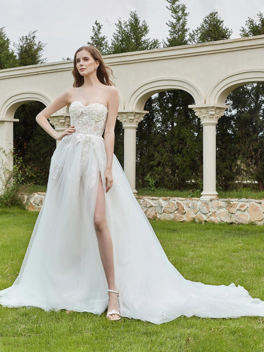 Tulle And Lace Sleeveless Wedding Dress With Slit Ivory Bridal Gowns Dresses