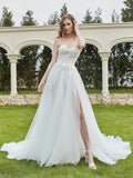 Tulle And Lace Sleeveless Wedding Dress With Slit Ivory Bridal Gowns Dresses