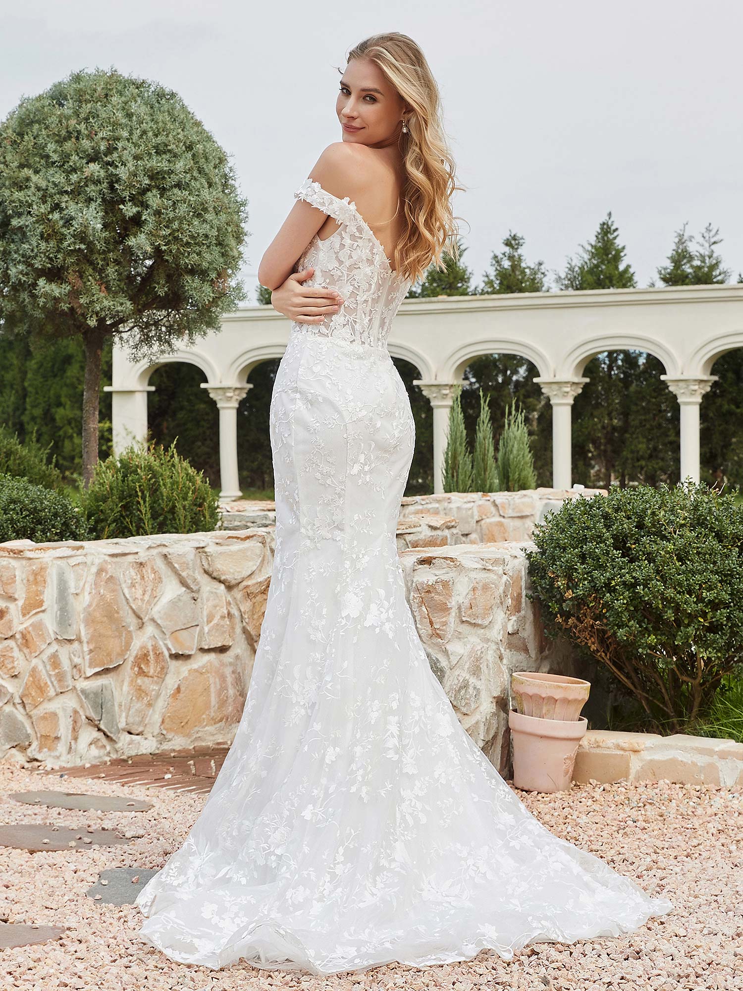 Off-the-shoulder Appliqued Sheath Lace Bridal Gown Ivory Bridal Gowns Wedding Dresses