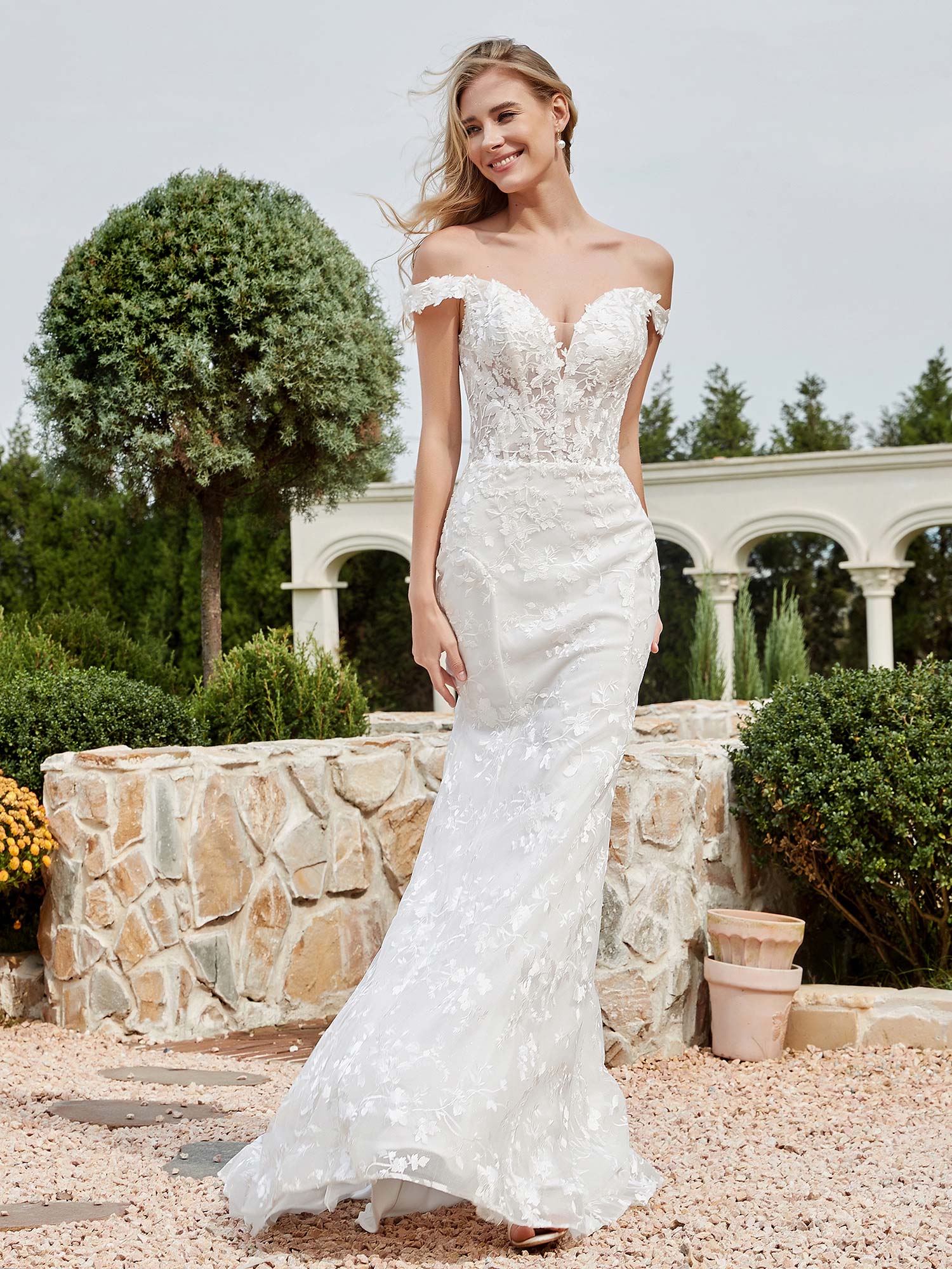 Off-the-shoulder Appliqued Sheath Lace Bridal Gown Ivory Bridal Gowns Wedding Dresses