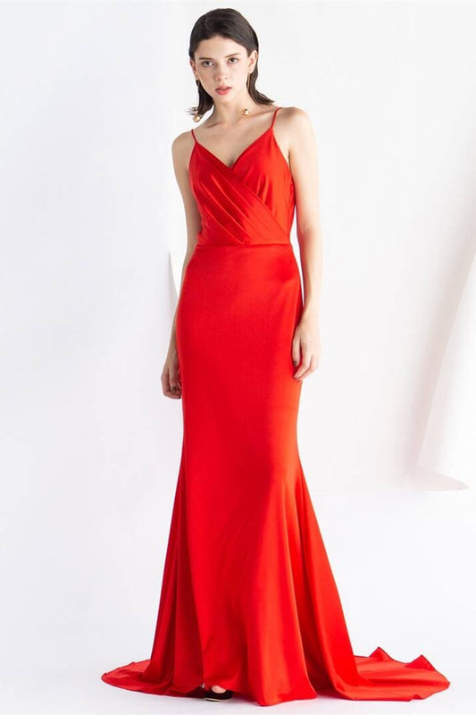 Meerjungfrau-Abendkleid in Rot mit Wasserfallausschnitt am Rücken, formelle Ballkleider, bodenlang 