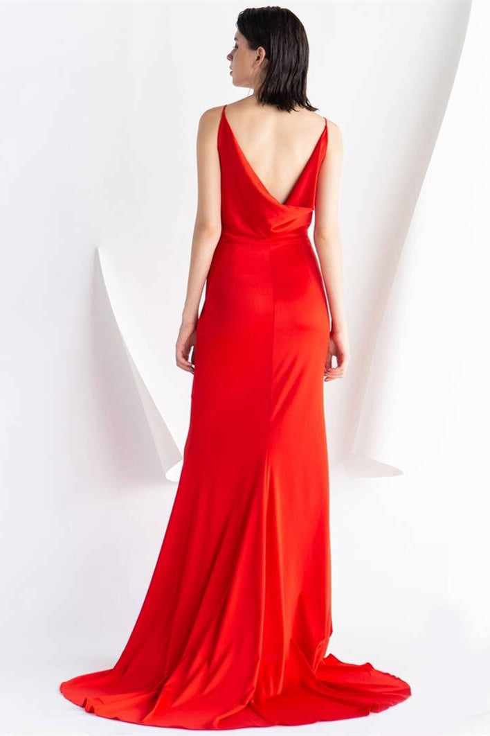 Meerjungfrau-Abendkleid in Rot mit Wasserfallausschnitt am Rücken, formelle Ballkleider, bodenlang 