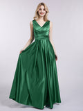 Open Back Long Satin Gown with V-neck-Dark Green Bridesmaid Dresses Formal Evening Dress
