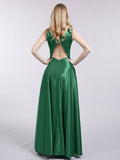 Open Back Long Satin Gown with V-neck-Dark Green Bridesmaid Dresses Formal Evening Dress