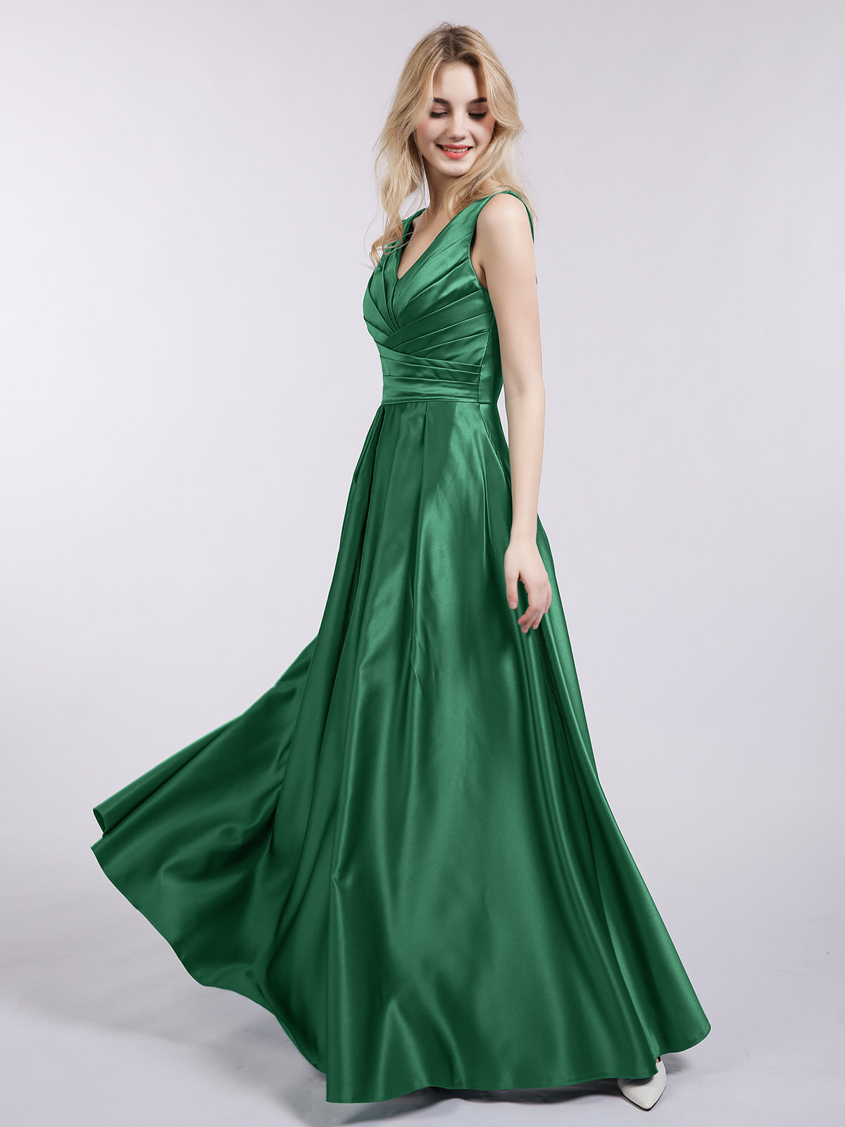 Open Back Long Satin Gown with V-neck-Dark Green Bridesmaid Dresses Formal Evening Dress