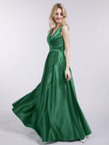 Open Back Long Satin Gown with V-neck-Dark Green Bridesmaid Dresses Formal Evening Dress