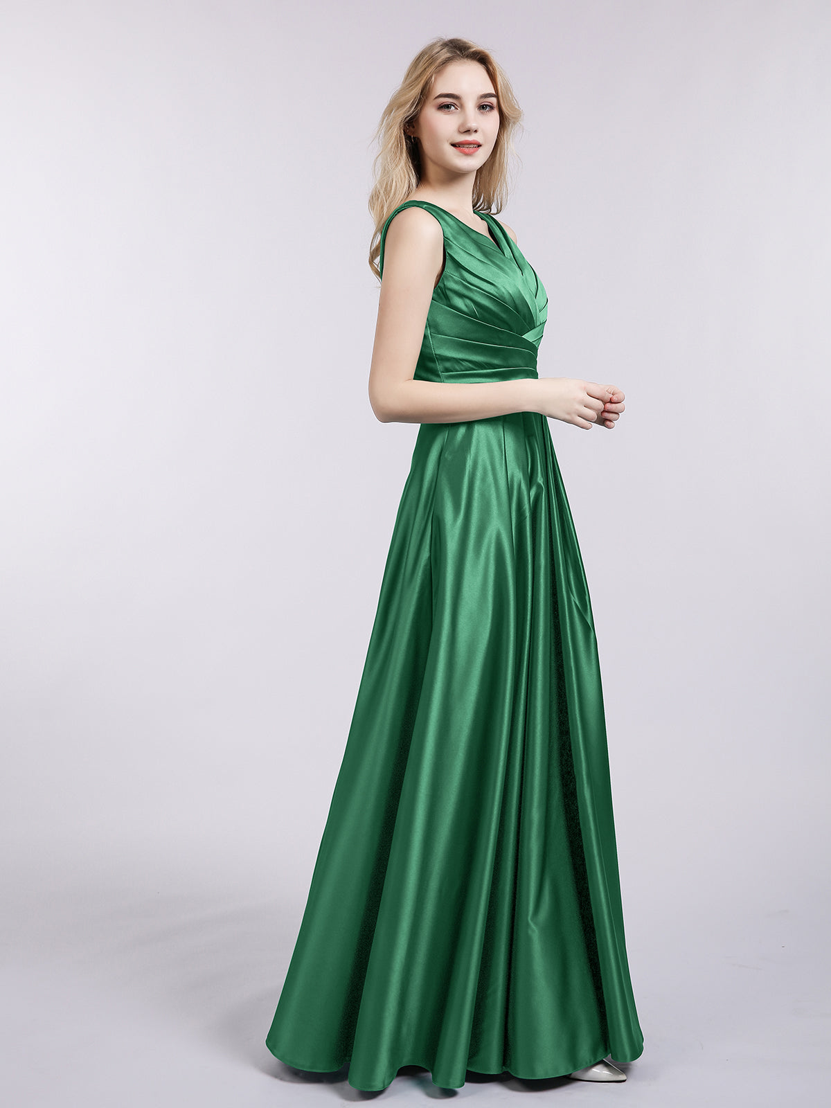 Open Back Long Satin Gown with V-neck-Dark Green Bridesmaid Dresses Formal Evening Dress