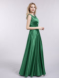 Open Back Long Satin Gown with V-neck-Dark Green Bridesmaid Dresses Formal Evening Dress