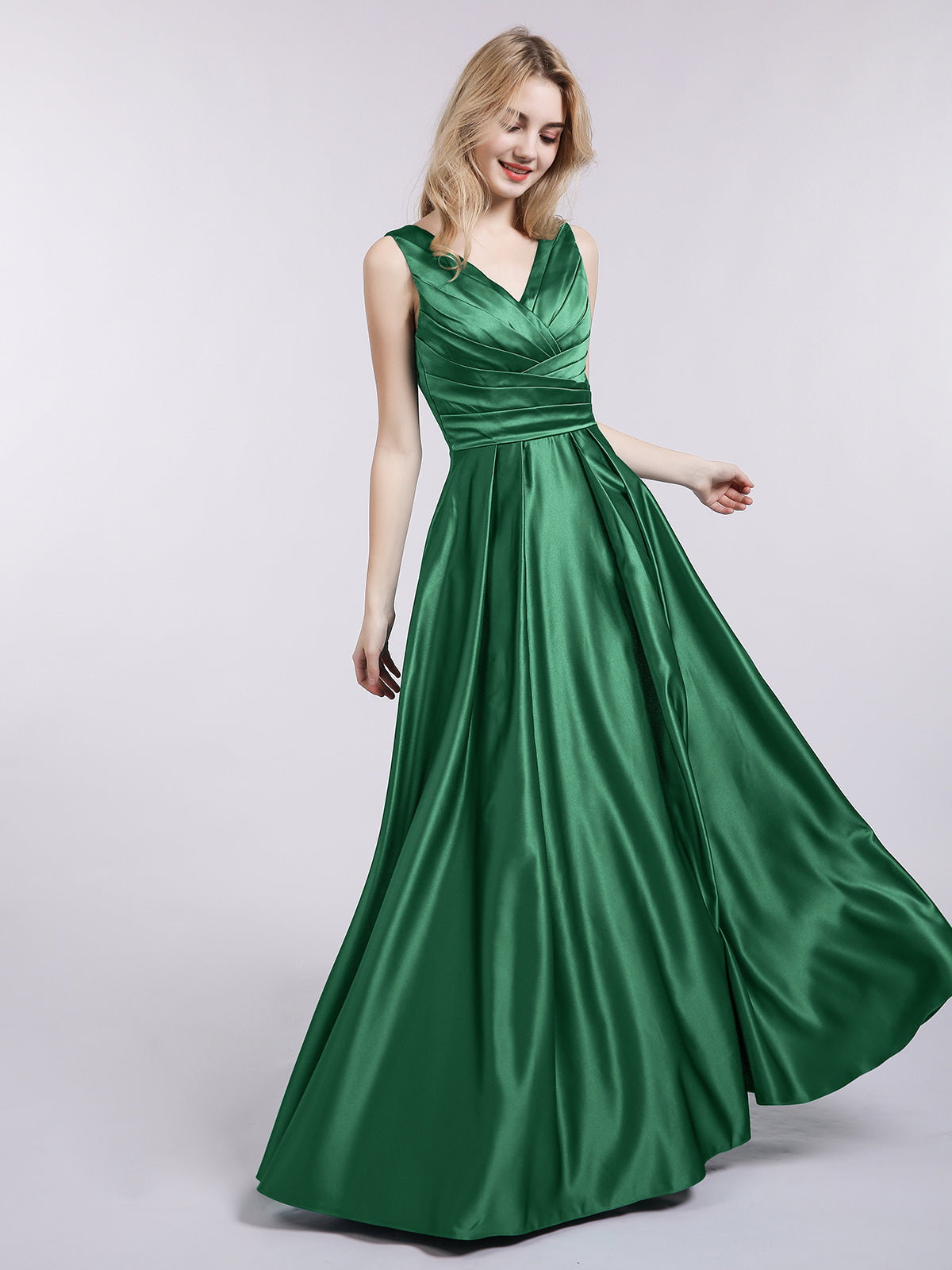 Open Back Long Satin Gown with V-neck-Dark Green Bridesmaid Dresses Formal Evening Dress