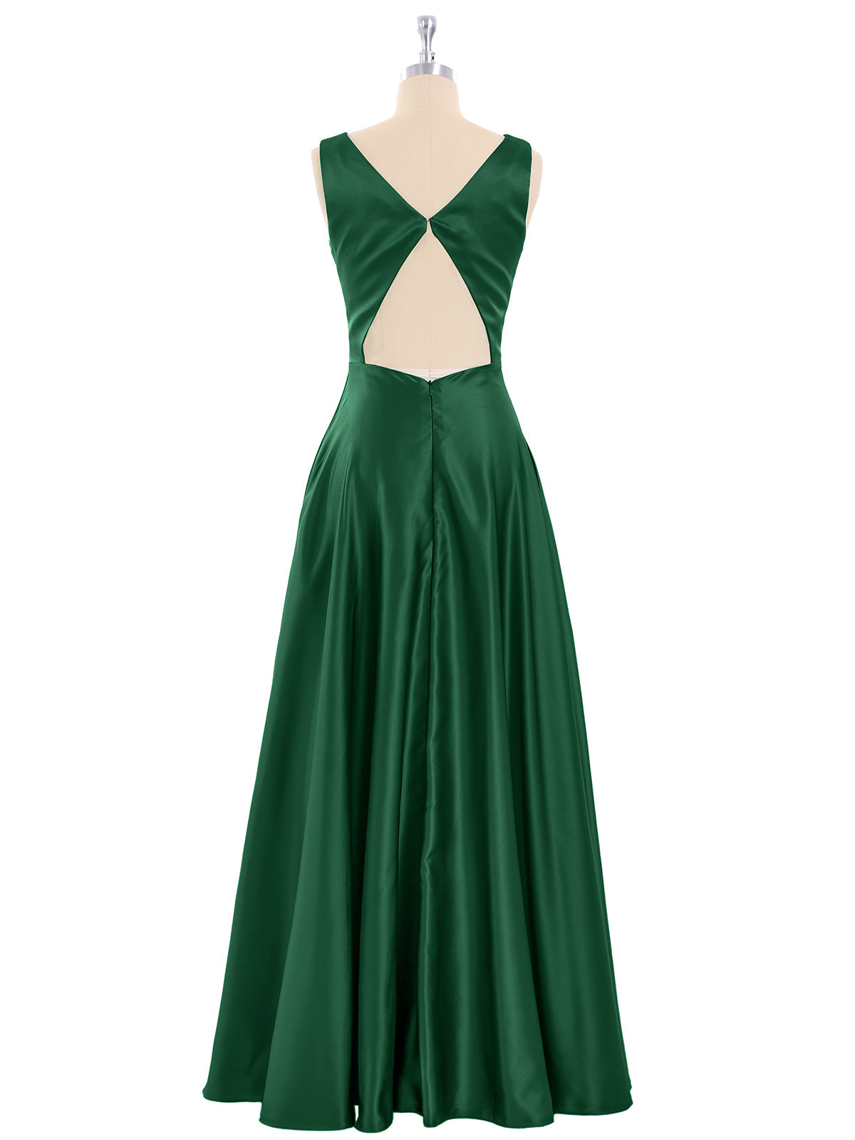 Open Back Long Satin Gown with V-neck-Dark Green Bridesmaid Dresses Formal Evening Dress