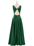 Open Back Long Satin Gown with V-neck-Dark Green Bridesmaid Dresses Formal Evening Dress