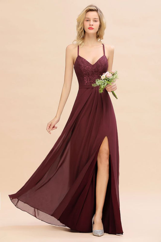 Vestidos de dama de honor modernos de encaje con tirantes finos, sin mangas y abertura lateral, vestido de noche para graduación
