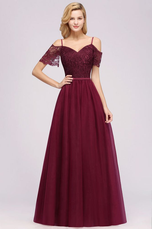 Modernes schulterfreies Burgunder Aline Brautjungfernkleid Langes Tüll Abendkleid