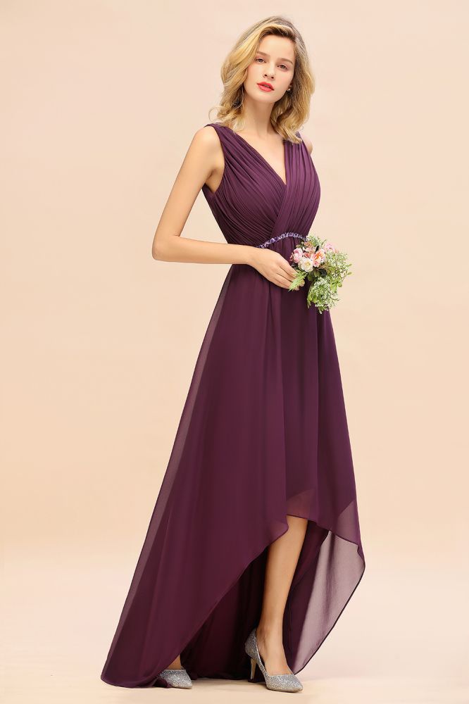 Modern V-Neck Hi-Lo Party Dress Elegant Beads Chiffon Bridesmaid Dress Prom Evening Gowns