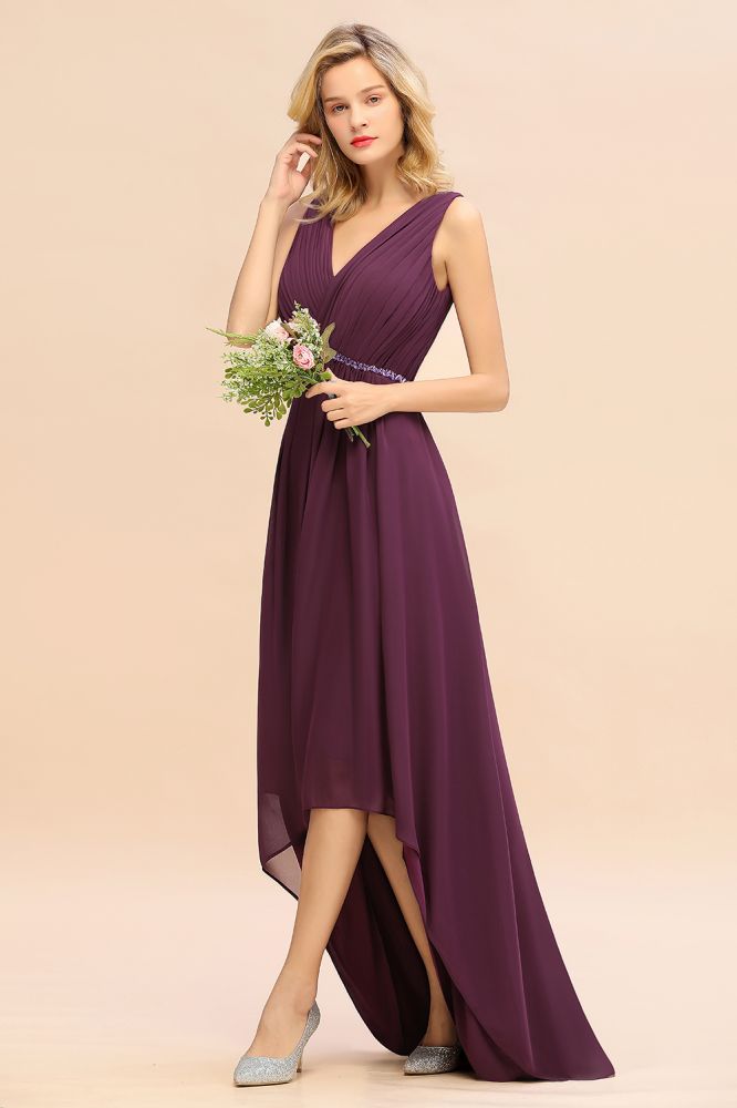 Modern V-Neck Hi-Lo Party Dress Elegant Beads Chiffon Bridesmaid Dress Prom Evening Gowns