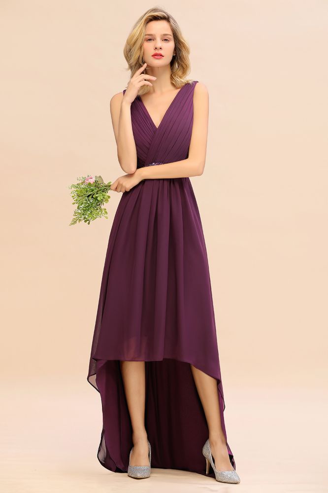 Modern V-Neck Hi-Lo Party Dress Elegant Beads Chiffon Bridesmaid Dress Prom Evening Gowns