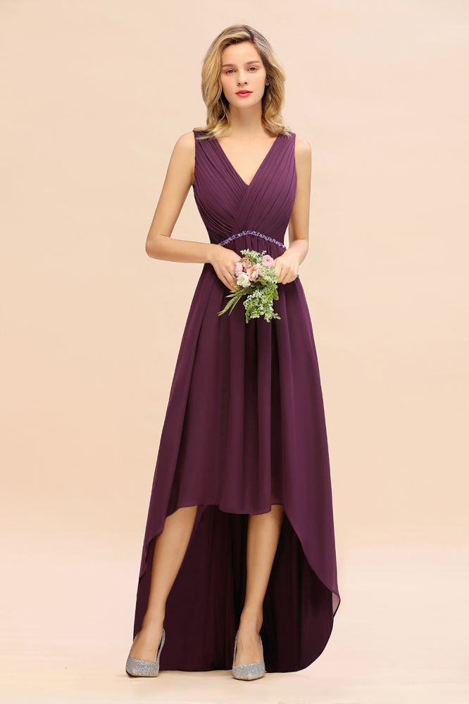 Modern V-Neck Hi-Lo Party Dress Elegant Beads Chiffon Bridesmaid Dress Prom Evening Gowns