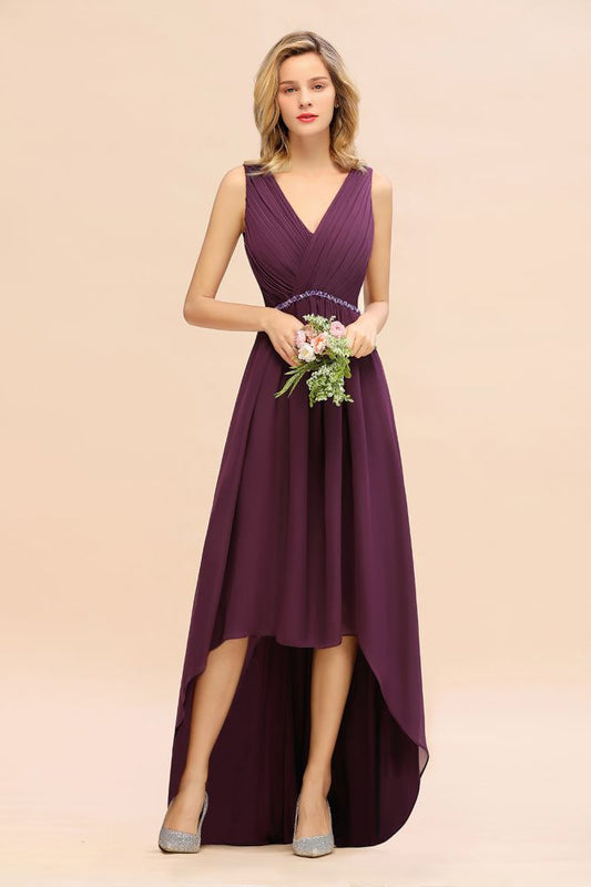 Modernes V-Ausschnitt Hi-Lo Partykleid Elegante Perlen Chiffon Brautjungfernkleid Abschlussball Abendkleider