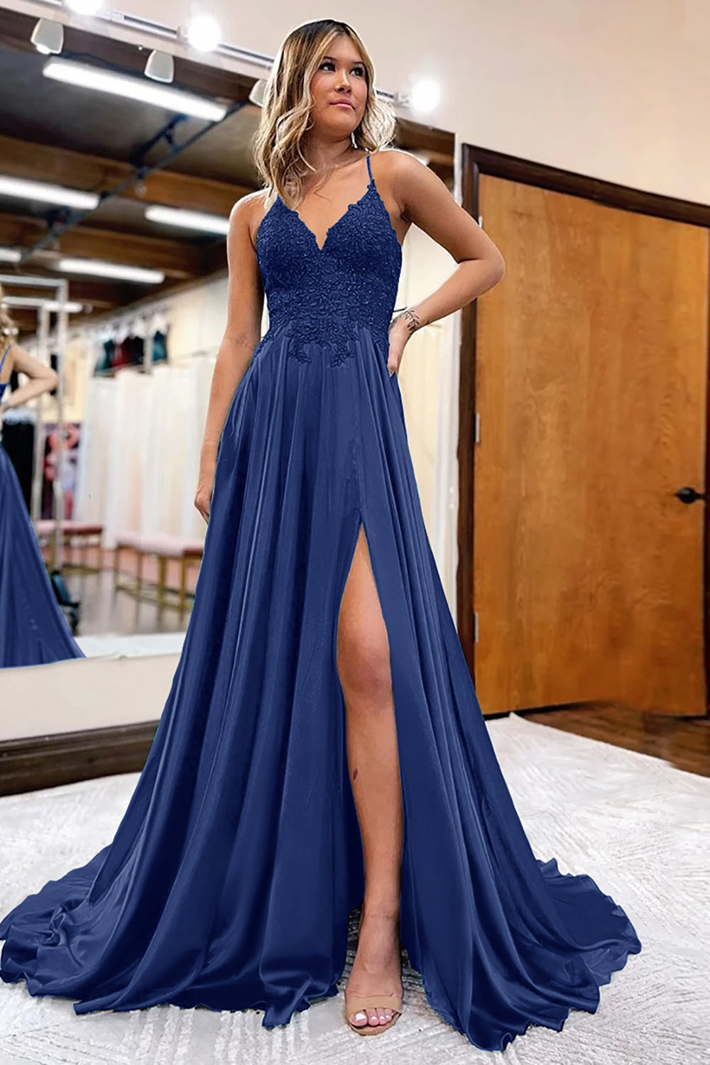 Peacock Green Satin A-Line Appliques Prom Dress with Slit Formal Eveni kingbridals Peacock Green Satin A-Line Appliques Prom Dress with Slit Formal Eveni kingbridals